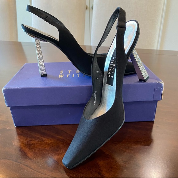 Stuart Weitzman Black Satin Slingbacks with Crystal Rhinestone Studded Heels - Picture 4 of 15